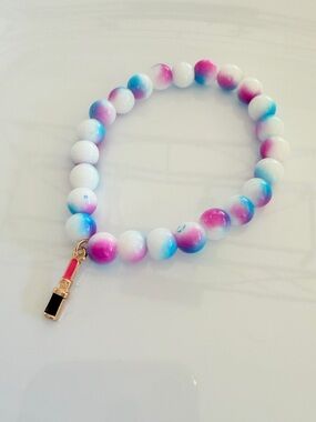 Colorful Lipstick Charm Pink Blue White Beaded Bracelet Handmade Novelty Jewelry